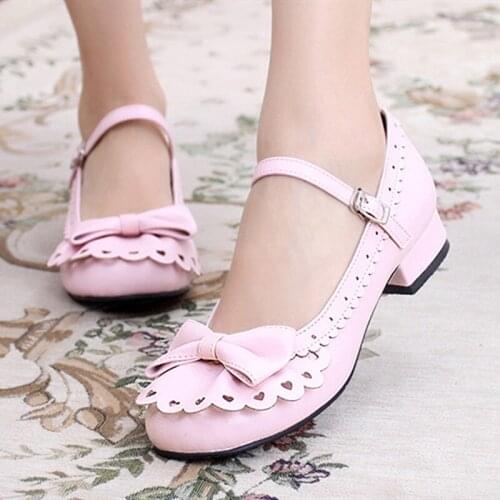 Kawaii Flower Style Lolita Shoes Daily Department Round Toe Lace Student Low Heel Sweet Bow Cute Goth Simple Handmade Anime Shoe