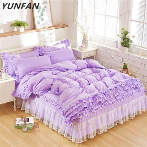 Pink purple lace bedding set twin full queen king girls children double single bed skirt princess duvet cover sets bedclothes