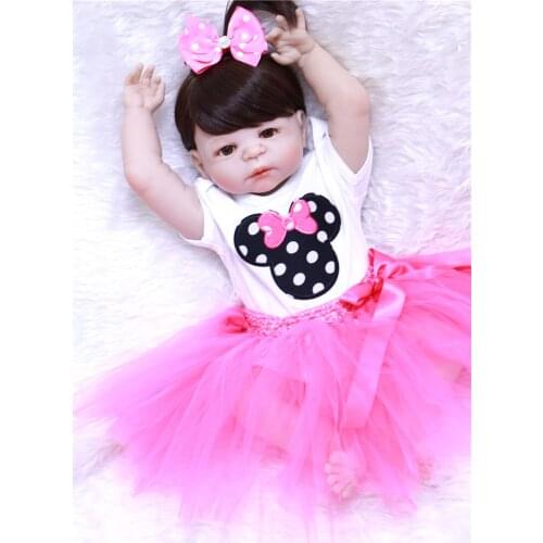 Girl silicone dolls reborn 22" bebes reborn bonecas child princess dolls brown hair wig pink dress xmas gift toy dolls for kids