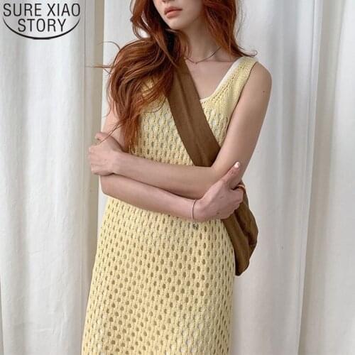 Summer Hollow Crochet Design Sleeveless Vest Camisole Dress Women Casual Knitted Dress Fashion Tassel Straight Dresses 15037