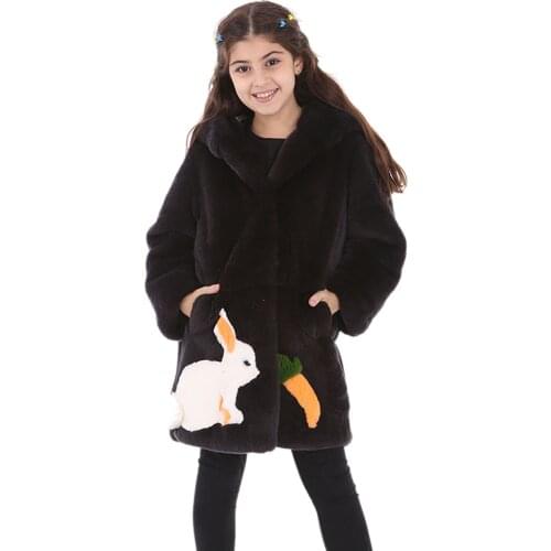 Modaqueen store girls black color rabbit and carrot figure accessory orylag rex rabbit fur jacket