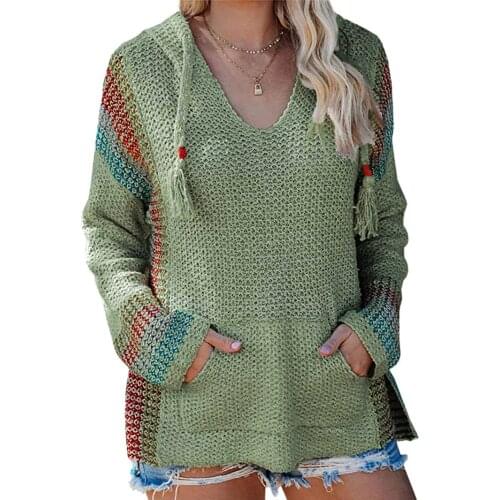 Fashion Knitted Sweater Women Green Patchwork V Neck Loose Pullovers Jumper Autumn Long Sleeve Pocket Ladies Knitwear Sweater