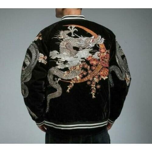 Mens Souvenir Jacket Sukajan Japanese Chinese Embroidered Dragon Yokosuka Baseball Outwear Warm Winter Thick Slim Fit New 2020