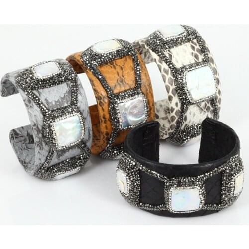 Original luxury design black grey orange white leather natural square pearls charms rhinestone adjustable open bangles for women