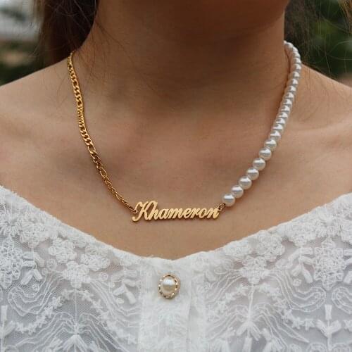 Customized Fashion Stainless Steel Name Necklace Choker Chain Vintage Personalized Letter Pearl Clavicle Necklace