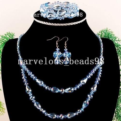 Blue Faceted Crystal Water Drop Art Beads Necklace Bracelet Earrings FG3911