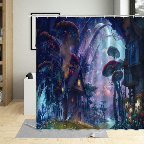 Dream Forest Mushroom House Shower Curtain Set Flower Plant Color Fairy Tale World Elf Girl Bathroom Curtains Bathtub Wall Cloth