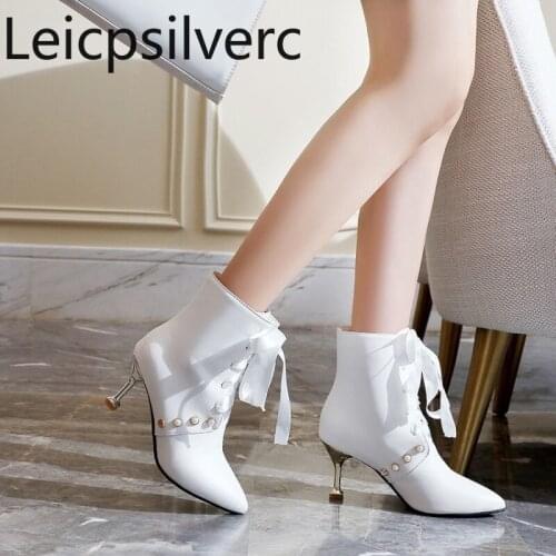 Womens Boots Autumn And Winter New fashion Pointed Lace-up Rivet Fine heel High heel Short tube Womens shoes plus size 34-44