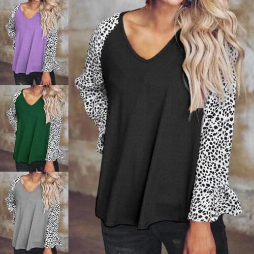 2021 Women Tops Stitching Leopard Print Casual Blouse Ruffle Long Sleeve V Neck Loose Autumn Pullover Female T-Shirts Streetwear