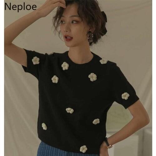 Neploe Knitted Pullover Shirts Women 3D Flower Solid Color Short Sleeve Sweater Korean Vintage Slim O Neck Jumper Tops 4i508