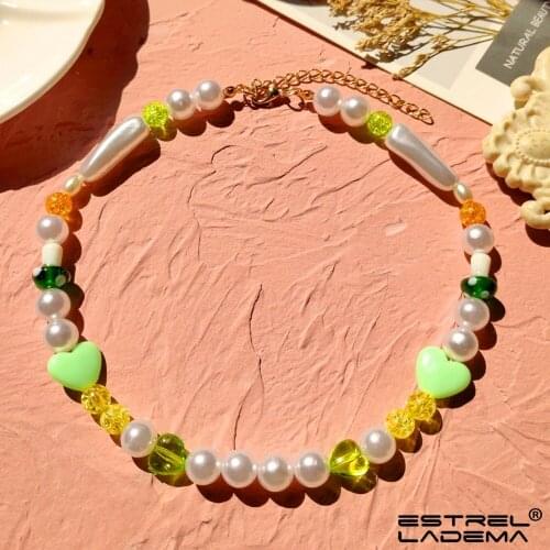 Korean Candy Color Mushroom Irregular Pearl Beaded Necklace For Women Bohemian Heart Shiny Crystal Beads Necklace Jewelry Gifts