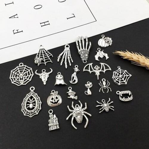 100Pcs Mixed Halloween Spider Skeleton Tibetan Silver Charms Pendants DIY Craft