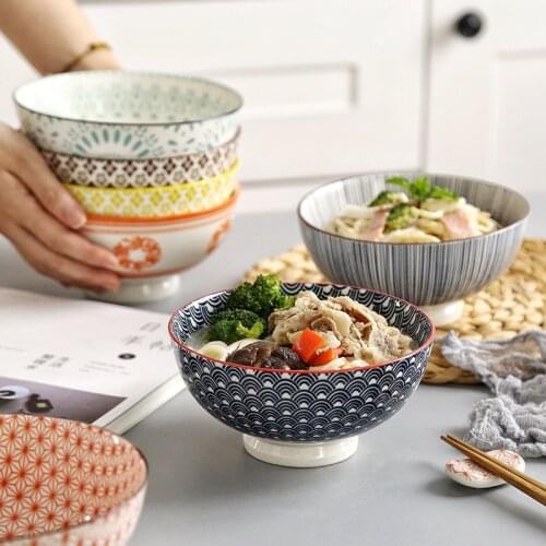 3 Pcs/Set 6 Inch Ceramic Bowl Noodle Rice Soup Dessert Tableware Tall Feet Machine Printing Underglaze CZY1006-3S