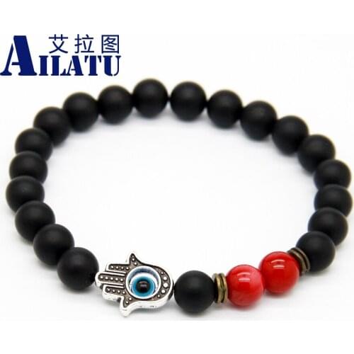 Ailatu New Design Nice 8mm Matte Glass Beads Blue Eye Protection Fatima Hand Hamsa Religious Bracelet