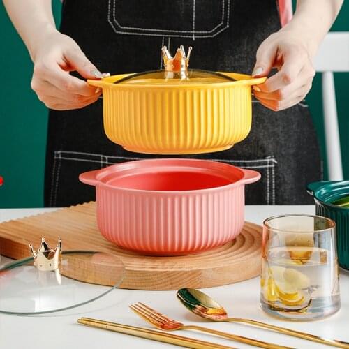 Nordic Binaural Ceramic Noodle Bowl Hotel Western Restaurant Striped Soup Bowl Household Instant Noodle Bowl with Lid