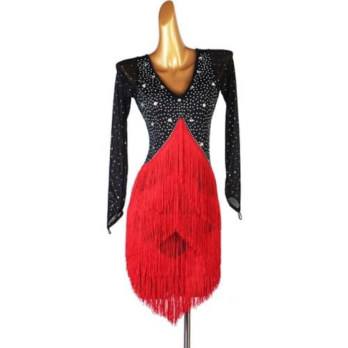 Female Latin Dance Costumes Long Sleeve V-Neck Rhinestone Fringe Skirt Ballroom Dance Competition Dress Rumba Clothing DQL5546