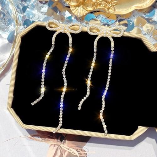 Exquisite Bow-knot Crystal Long Tassel Earrings for Women Korean Style Shining Wedding Party Jewelry Accessories Earrings Gift