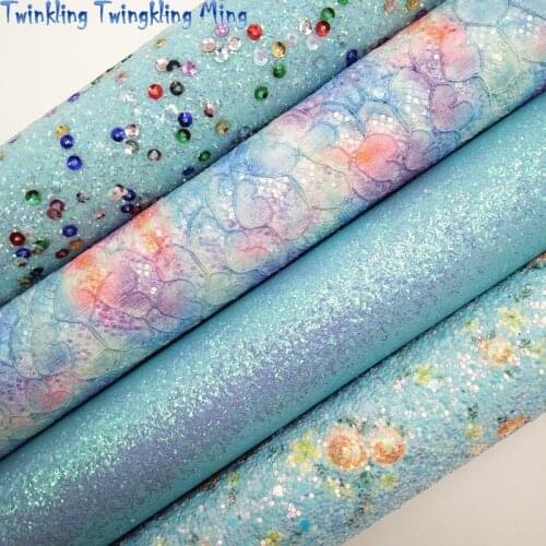 Lace Glitter Leather, Flowers Printed Glitter Fabric, Glitter Leather with Sequines For Bow A4 21x29CM Twinkling Ming KM075
