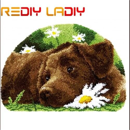 Latch Hook Rug Kits Crocheting Carpet Rug Puppy & Daisy Acrylic Yarn Pre-Printed Canvas Cushion Mat Crochet Tapestry Sofa Decor
