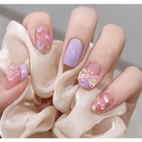 24Pcs Short Round/Square Head False Nails Detachable Heart Bow Fake Nails Full Cover Nail Tips Press On Nails With Press Glue