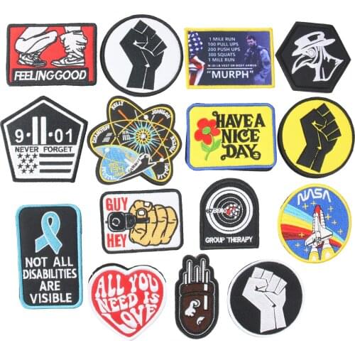 Aviation Right Fist Embroidered Patches English Letter Red Flowers Appliques Gun Arrow Target Hook and Loop Embroidery Badges