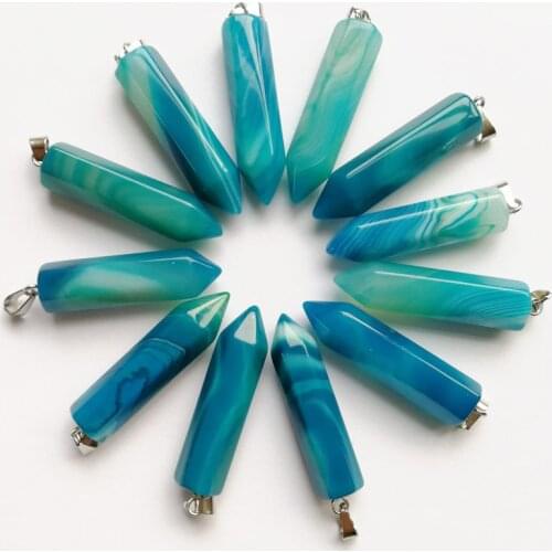 Natural fashion blue onyx stone crystal pillar Pendants & necklaces for making Jewelry charm Point diy pendant 12pcs/lot