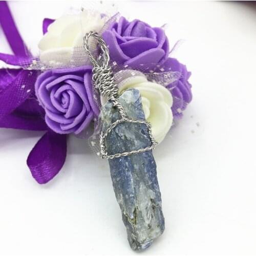 Natural blue kyanite gem stone irregular charms pendant silver-color wire winding elegant exquisite handmade diy jewelry B3076