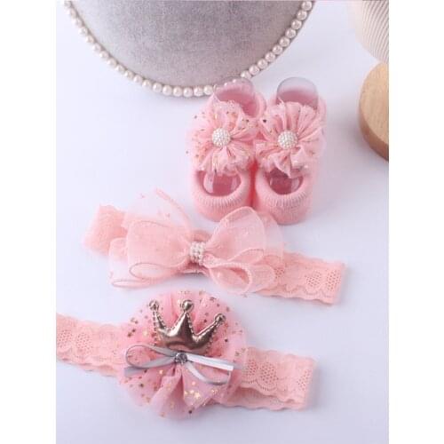 Newborn Baby Girls 3 Pcs/Set Flower Cute Girl Headband Socks Set Crown Bows Hairband Headbands Infant Girls Hair Accessories