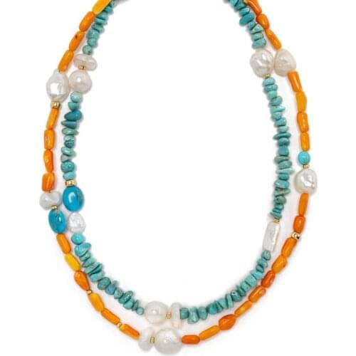 Hand-made Blue Stone Beaded Necklace Bohemian Trendy Natural Pearls Jewelry For women Banquet High-quality Clothes Accessories