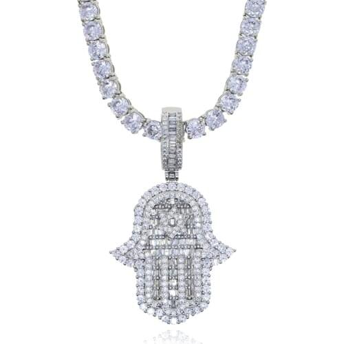 HIP Hop Bling Iced Out Hand Charm Necklace 5mm Tennis Chain Star Hand Amulet Fatima Palm Choker & Pendants For Men Women Jewelry