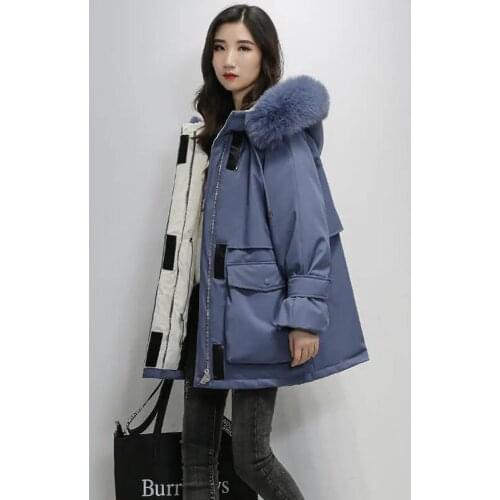 Parkas Women Winter Thicken Warm Down Cotton Padded Coat Fur Collar Hooded Drawstring Big Pocket Jacket Oversize Chic Outerwear