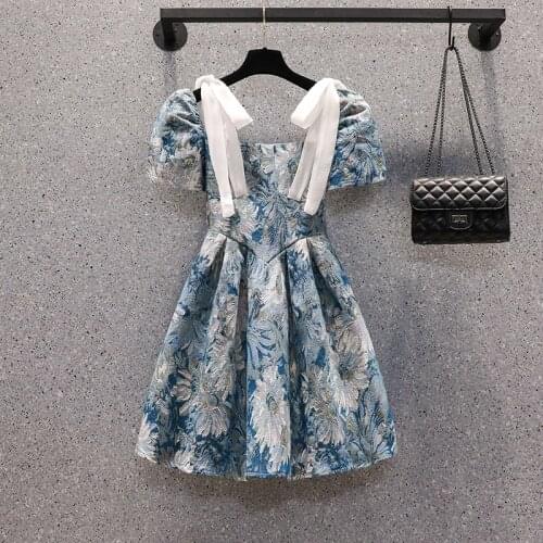 Plus Size Summer French Vintage Jacquard Midi Dresses For Women Square Collar Puff Sleeve High Waist A-line Princess Party Dress