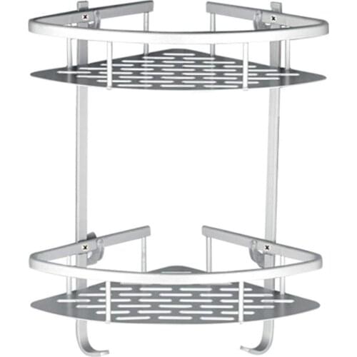 Bathroom(No Drilling) Durable Aluminum 2 Tiers Shower Shelf Kitchen Storage Basket Adhesive Suction Corner Shelves Shower Caddy