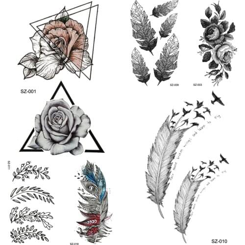 YURAN Black Triangle Flower Temporary Tattoo Stickers Women Body Arm Fake Tatoos Tribal Feather Bird Waterproof Rose Tattoo