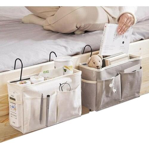 Canva Iron Frame Hanging Storage Bag Sofa Bedside Storage Organizer Dorm Room Holder With Hook Bed Pocket Phone Magazine Bag