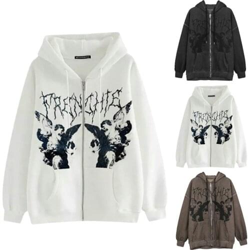Women Hip Hop Streetwear Hoodies Women Jacket Angel Dark Print Jacket Coat Goth Harajuku Y2k Clothes Punk Jacket Outwear Zipp