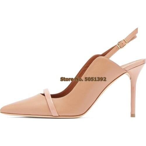 Women High Heel Nude Pointed Toe PU Leather Mules Stiletto Heel Ladies Sandals Fashion Back Buckle Strap Pumps