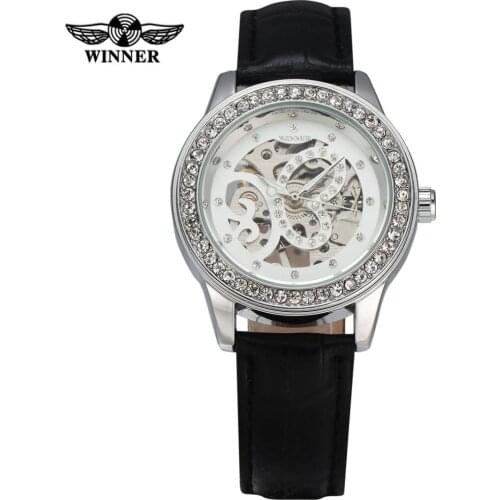 2016 Fashion WINNER Hand Winding Mechanical Watches Women Diamond Case Butterfly Skeleton Dial Leather Strap Ladies Dress Watch