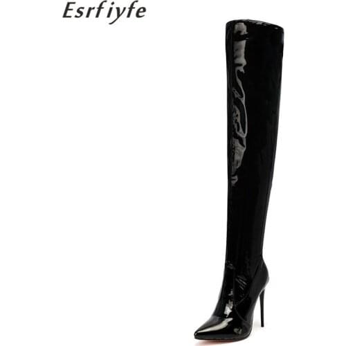 ESRFIYFE 2020 New Sexy Thin High Heels Women Boots Knee High Boots Pointed Toe Female Shoes Autumn Footwear Super Big Size 36-47