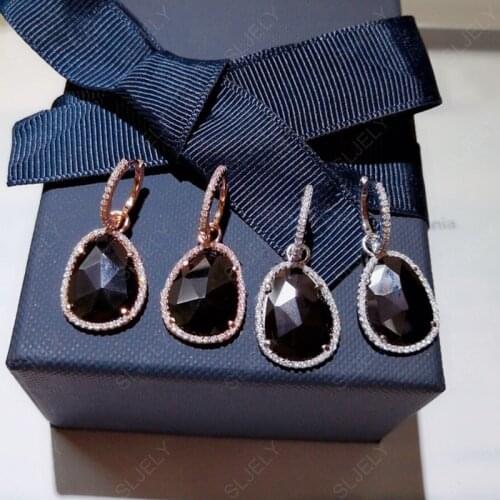 SLJELY Rose Gold Color 925 Sterling Silver Black Faceted Stones Drop Earrings Pave Cubic Zirconia Women Fashion Party Jewelry