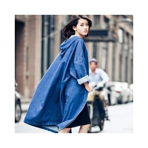 Women denim jeans coat with hooded long windbreaker vintage long sleeve loose jacket casual overcoat female winter fall outwear