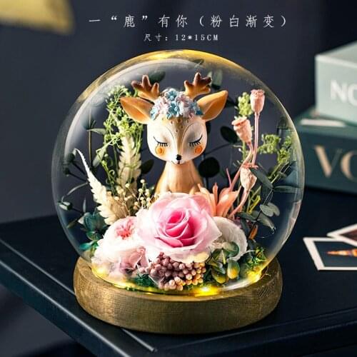2021 Newest Preserved Flower And Elk In Glass Dome LED Ornaments Decoration Rose Flower Valentines Day Tanabata Christmas Gift