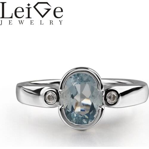 925 Silver Real Aquamarine Ring Oval Cut Bezel Setting Romantic Promise Wedding Rings for Women March Birthstone