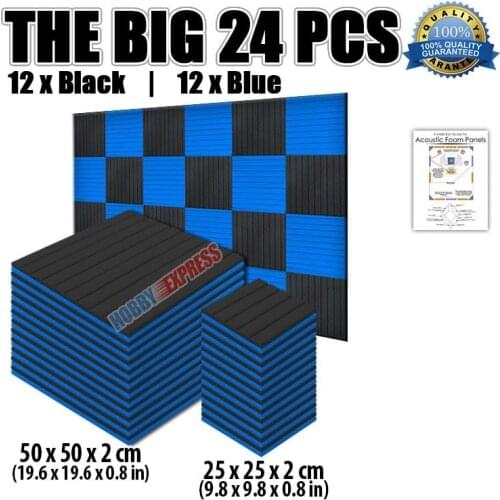 Arrowzoom 24 pcs Blue and Black Pack Flat Wedge Foam Acoustic Panel Sound-Absorbing Studio Tiles KK1035