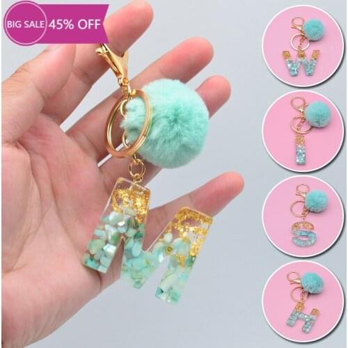 Pompom Letter Pendant Keychains Key Chains Rings For Women Cute Car Acrylic Glitter Keyring Holder Charm Bag Couple Bag Gifts