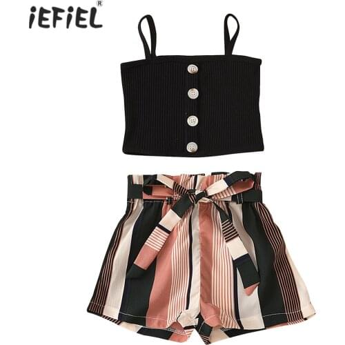 Kids Girls Summer Suit Fashion Sleeveless Cropped Vest Top + Stripes Shorts 2Pcs Outfits Baby Girl Clothes Casual Sports Sets