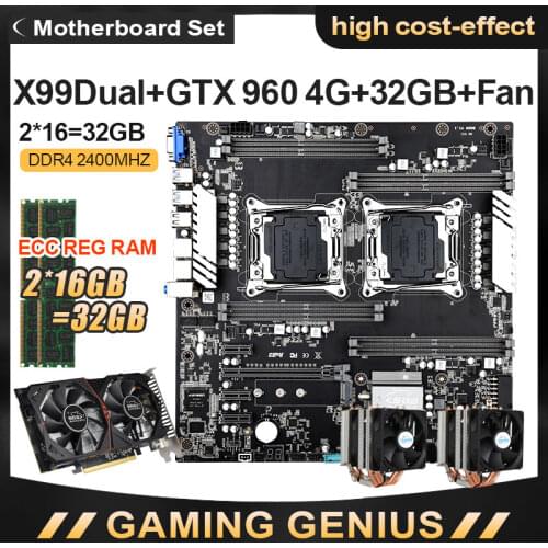 JINGSHA X99 dual motherboard set with GTX 960 4G Graphics card and 2*16gb ddr4 ecc reg 2400mhz RAM 2pcs No light 2 CPU Fan