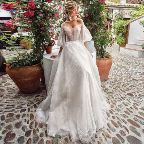 Elegant Feminine Cheap Wedding Dresses 2021 Dots Tulle Puff Sleeve Wedding Gown A Line Beach Bridal Dress Vestido de Noiva
