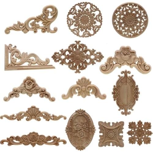 1Pcs Unique Natural Floral Wood Carved Wooden Figurines Crafts Corner Appliques Frame Wall Door Furniture Woodcarving Decorative