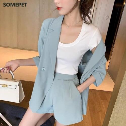 Blazer Suits Summer Elegant Short Sleeve Thin Female Jacket High Waist Shorts Women Pant Suits 2 Pieces Sets